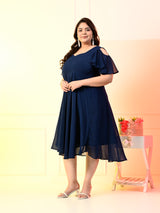 Plus Size Teal Blue Cold Shoulder Georgette Dress