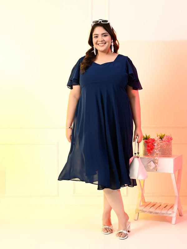 Plus Size Teal Blue Cold Shoulder Georgette Dress