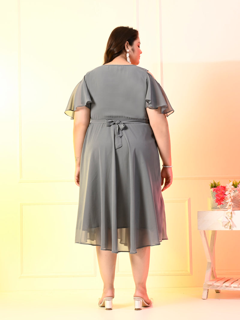 Plus Size Grey Cold Shoulder Georgette Dress