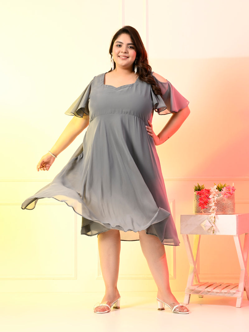 Plus Size Grey Cold Shoulder Georgette Dress