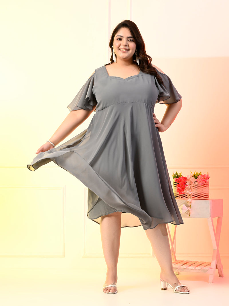 Plus Size Grey Cold Shoulder Georgette Dress