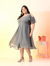 Plus Size Grey Cold Shoulder Georgette Dress