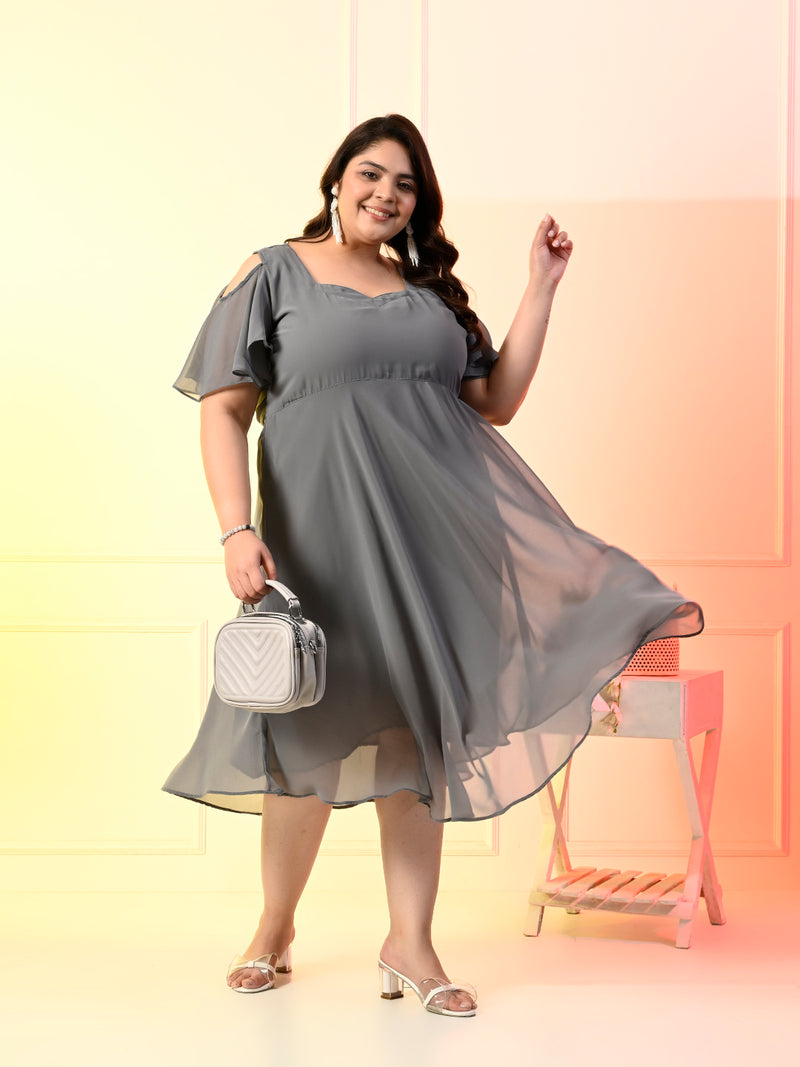 Plus Size Grey Cold Shoulder Georgette Dress