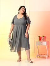 Plus Size Grey Cold Shoulder Georgette Dress