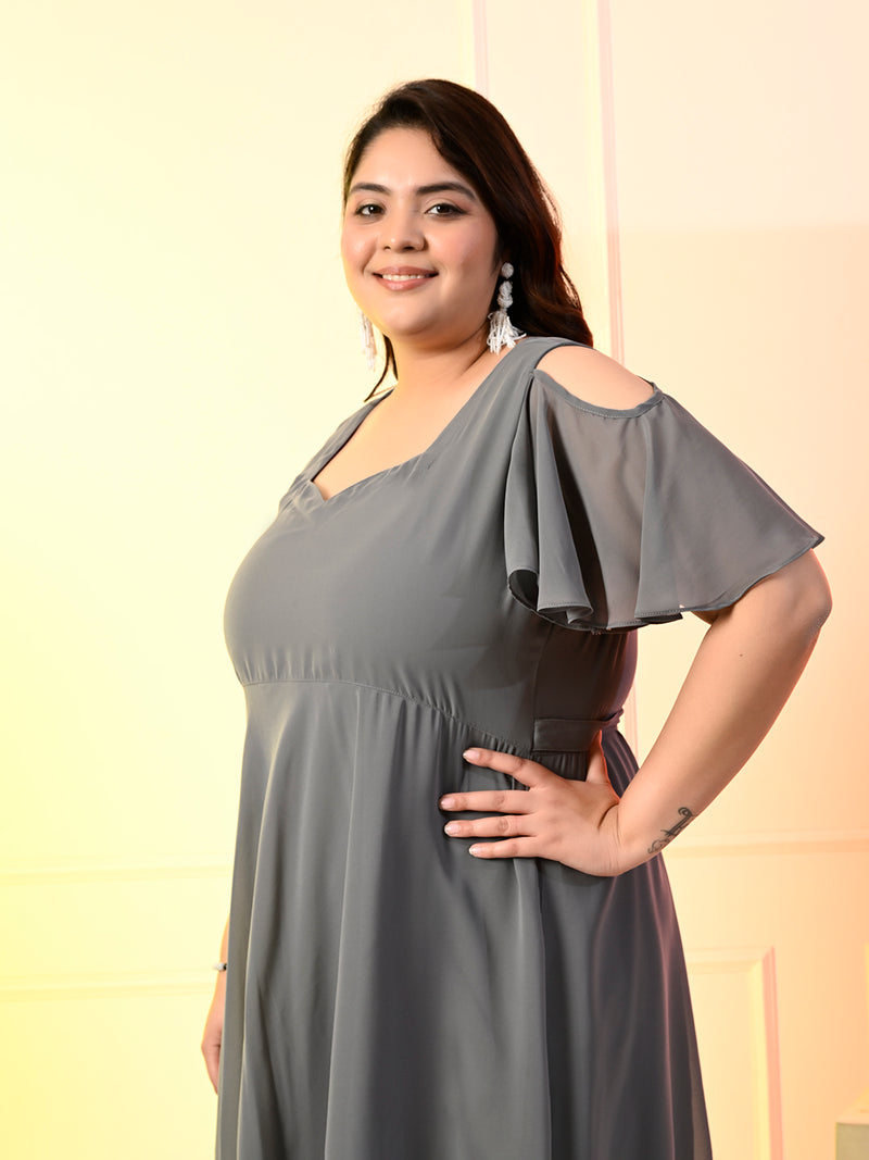 Plus Size Grey Cold Shoulder Georgette Dress