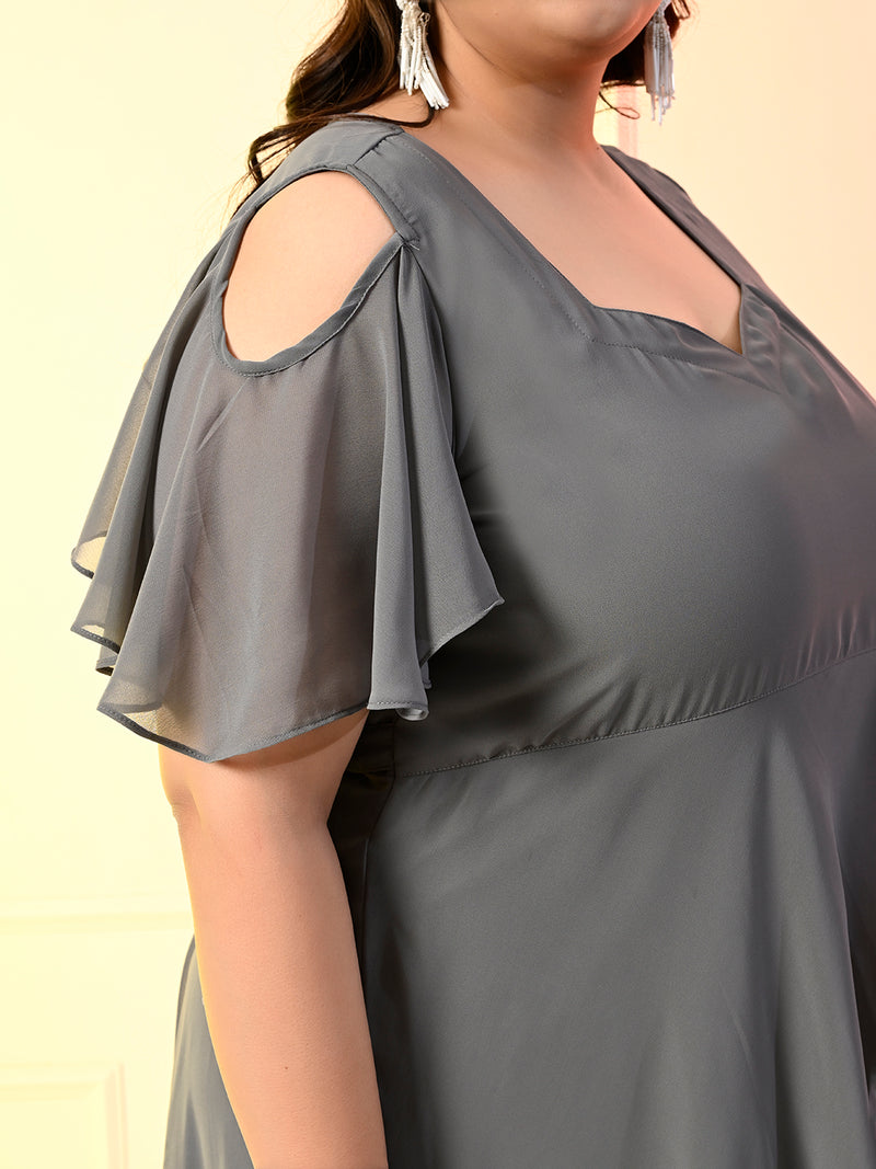 Plus Size Grey Cold Shoulder Georgette Dress