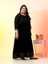 Plus Size Black Embroidered Velvet Anarkali with Dupatta