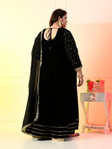 Plus Size Black Embroidered Velvet Anarkali with Dupatta