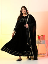 Plus Size Black Embroidered Velvet Anarkali with Dupatta