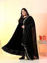 Plus Size Black Embroidered Velvet Anarkali with Dupatta