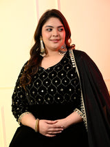 Plus Size Black Embroidered Velvet Anarkali with Dupatta