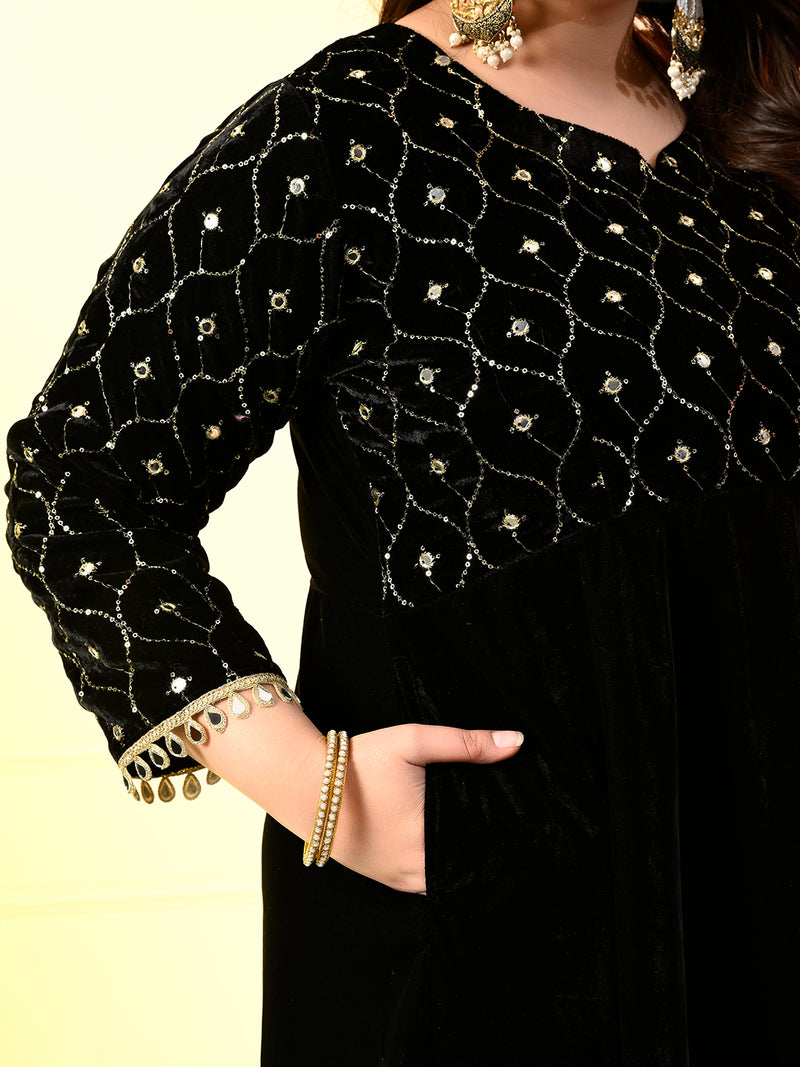 Plus Size Black Embroidered Velvet Anarkali with Dupatta