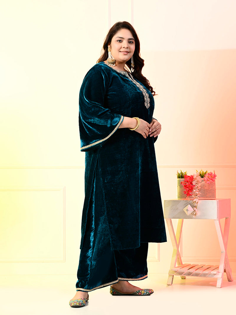 Plus Size Firozi Velvet Kurta Set with Dupatta