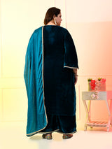 Plus Size Firozi Velvet Kurta Set with Dupatta