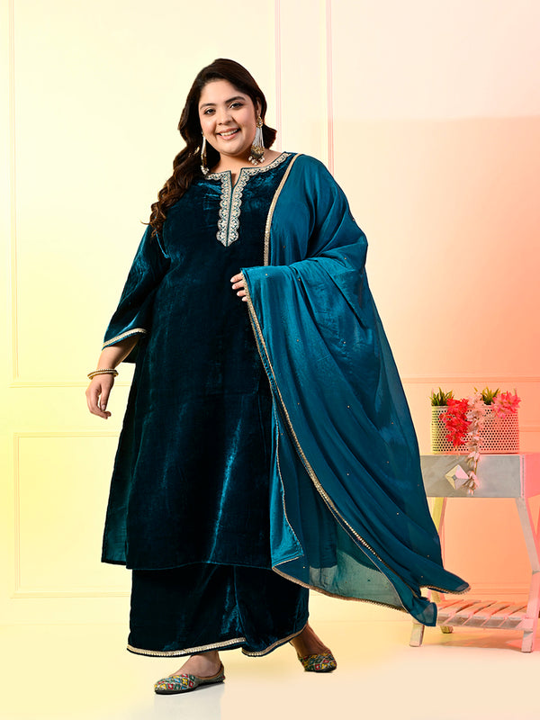 Plus Size Firozi Velvet Kurta Set with Dupatta