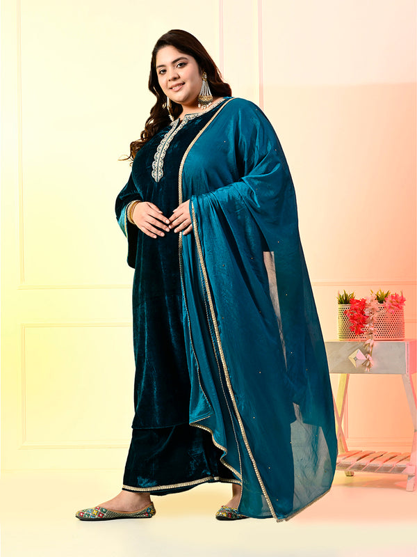 Plus Size Firozi Velvet Kurta Set with Dupatta