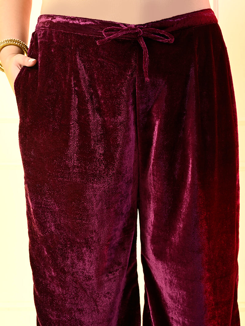 Plus Size Wine Velvet Kurta Set with Dupatta