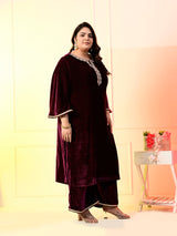 Plus Size Wine Velvet Kurta Set with Dupatta