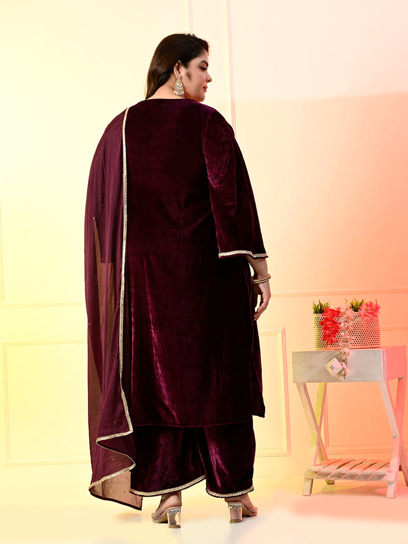 Plus Size Wine Velvet Kurta Set with Dupatta