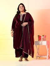 Plus Size Wine Velvet Kurta Set with Dupatta