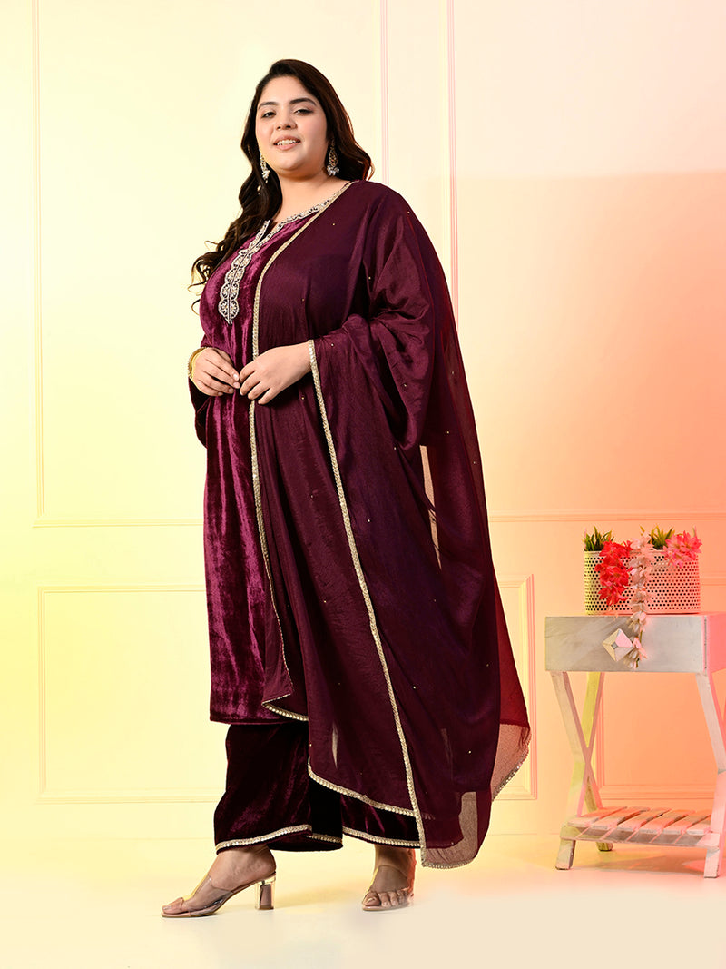 Plus Size Wine Velvet Kurta Set with Dupatta