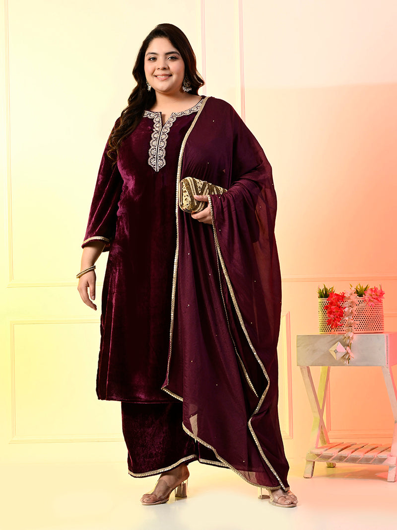 Plus Size Wine Velvet Kurta Set with Dupatta