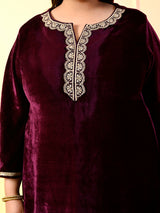 Plus Size Wine Velvet Kurta Set with Dupatta