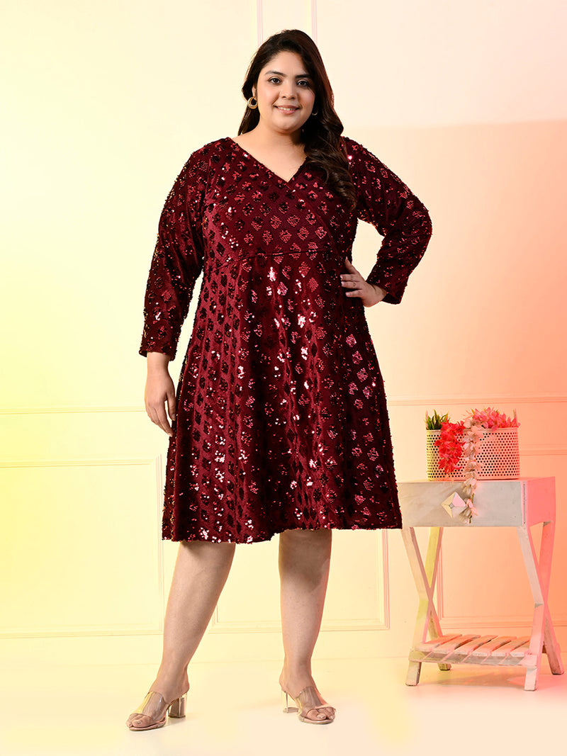 Plus Size Wine Sequinned Velvet Dress