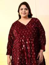 Plus Size Wine Sequinned Velvet Dress