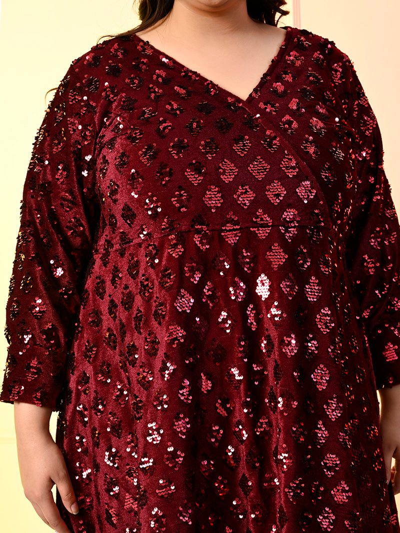 Plus Size Wine Sequinned Velvet Dress