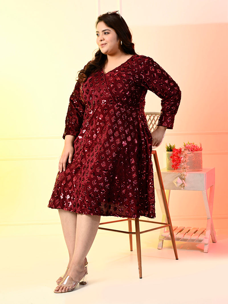 Plus Size Wine Sequinned Velvet Dress