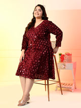 Plus Size Wine Sequinned Velvet Dress