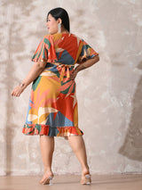 Multi-Color Tropical Print Rayon Midi Dress with Ruffle Hem
