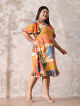 Multi-Color Tropical Print Rayon Midi Dress with Ruffle Hem