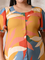 Multi-Color Tropical Print Rayon Midi Dress with Ruffle Hem