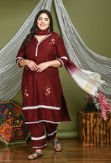 Plus Size Lacy Maroon stone Kurta Pant Set with Dupatta