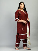 Plus Size Lacy Maroon stone Kurta Pant Set with Dupatta