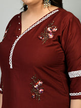 Plus Size Lacy Maroon stone Kurta Pant Set with Dupatta