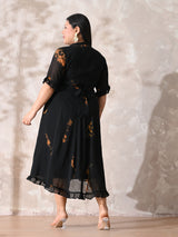 Statement Black Tie-Dye Georgette Dress with Romantic Ruffle Hem