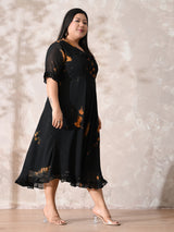 Statement Black Tie-Dye Georgette Dress with Romantic Ruffle Hem