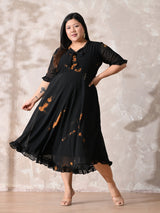 Statement Black Tie-Dye Georgette Dress with Romantic Ruffle Hem