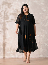 Statement Black Tie-Dye Georgette Dress with Romantic Ruffle Hem