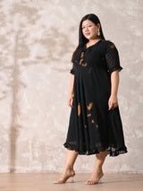 Statement Black Tie-Dye Georgette Dress with Romantic Ruffle Hem