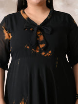 Statement Black Tie-Dye Georgette Dress with Romantic Ruffle Hem