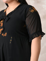 Statement Black Tie-Dye Georgette Dress with Romantic Ruffle Hem