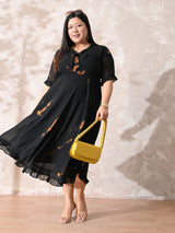 Statement Black Tie-Dye Georgette Dress with Romantic Ruffle Hem