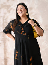 Statement Black Tie-Dye Georgette Dress with Romantic Ruffle Hem