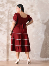 Deep Rust Rayon Dress with White Contrast Lace & Flowy Silhouette