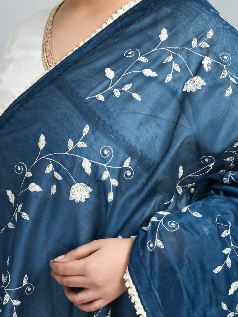Teal Embroidered Silk Blend Dupatta