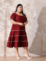 Deep Rust Rayon Dress with White Contrast Lace & Flowy Silhouette